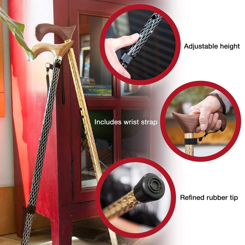 Brazos Adjustable Walking Cane for Men and Women Made of Lightweight Engraved Aluminum with Wooden Handle, Wrist Strap and Rubber Tip, Black and Silver Body with Red Oak Handle, FSA & HSA Eligible - Image 4